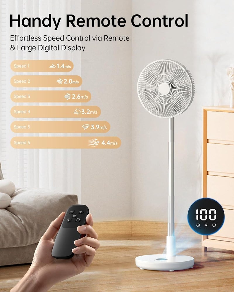 TriPole Oscillating Fan Portable Quiet Standing Fan with Remote, 12" Rechargeable Pedestal Fans for Bedroom Office, Foldable Battery Powered Travel Fans, Adjustable Height, 8H Timer, 6 Speeds, 44.4Wh - Image 3